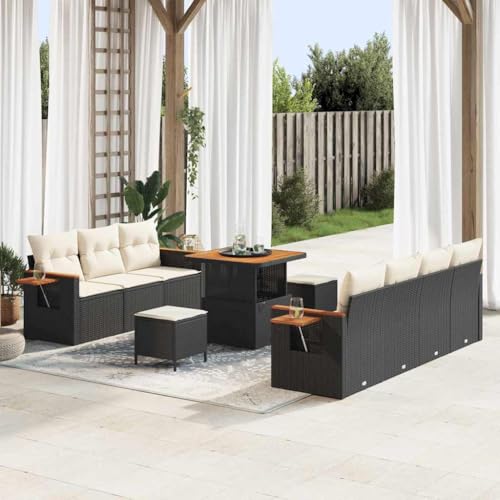 QJBSAVVA Gartensofa 10-teilig Schwarz Creme 80x80x71 cm Polyrattan mit...