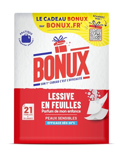 Bonux - Lessive en Feuilles | Parfum de mon enfance | Format pratique & léger | Adapté aux peaux sensibles | Efficace dès 20° | Pour linge Blanc et Couleur | 21 feuilles=21 lavages