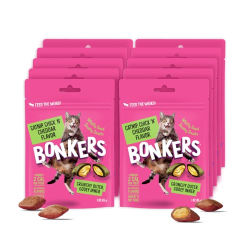 Bonkers Cat Treats, Catnip, Chick N' Cheddar Flavor, 3 OZ, Cat Treats, Training, All Breeds & Ages, Food Topper, Resealable Pouch (10 Pack)