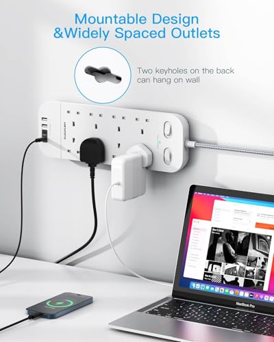 Extension Lead with 2 USB C Slots, 8 Way Outlets Power Strip with 4 USB Ports, 1800J Surge Protection Double Switch Plug Extension with 1.8M Braided Extension Cord for Home, Office - Image 5