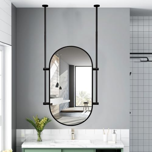 MESOVFCA Espejo de Pared para Colgar en el Techo, Espejo de tocador Decorativo de Cristal para baño, Maquillaje, Dormitorio, Sala de Estar, Espejo Ovalado con Marco de Metal Negro (50 cm x 60 cm)
