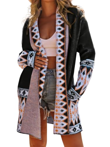 ebossy Women's Fashion Aztec Print Jacquard Knit Open Front Cardigan Lapel Long Sleeve Boho Graphic Long Sweater Coat