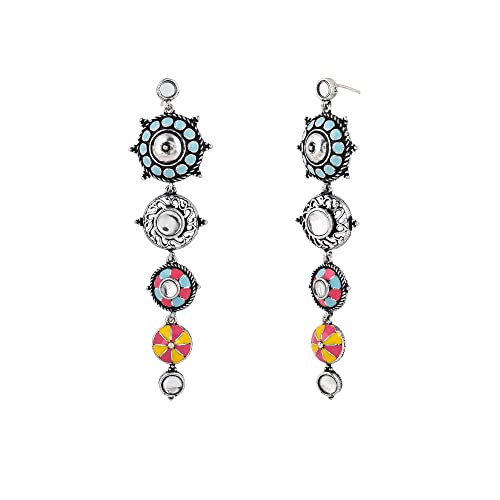 Image of Voylla Folklore Circles Long Drop Enamelled Danglers Earrings For Women Oxidised Ethnic Statement Earrings Festive Wedding Party Traditional Jewellery Gift For Women