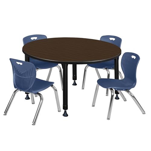 Regency Kee 48 in. Round Adjustable Classroom Table- Neo Walnut Top, Black Base & 4 Andy 12 in. Blue Stack Chairs