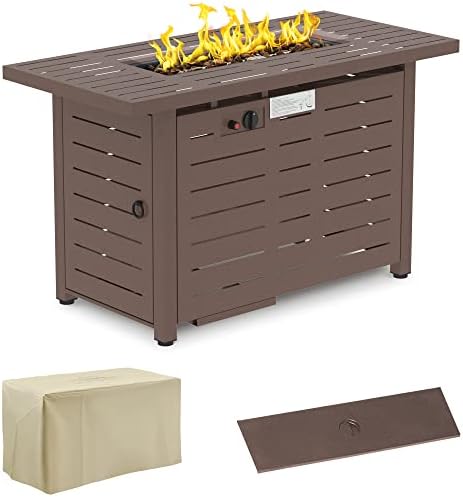 Outsunny 42 Inch Outdoor Propane Gas Fire Pit Table, 50,000 BTU Auto-Ignition Rectangular Gas Firepit with Slat Tabletop, Lid, Lava Rocks, Rain Cover, CSA Certification, Brown