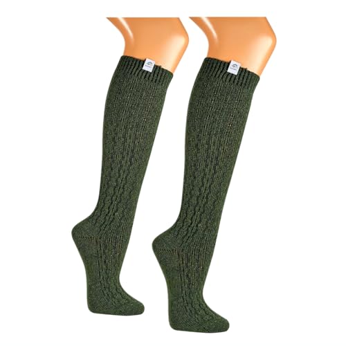 Premium Merino Damen und Herren Trachtenstrümpfe Kniestrümpfe Wanderstrümpfe Wandersocken mit edlem Strickmuster Merinowolle dunkelgrün – handgekettelte Spitze...
