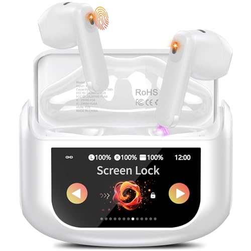Wireless Earbuds, Bluetooth 5.4 Headphones with Multifunctional Touch Screen, 48H Bass Stereo Ear Buds with ANC/ENC Noise Cancelling/Transparency Mode, IPX7 Earphones with 5 EQ Modes, Ceramic White