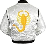 BESPOKE SKIN Drive Jacket Scorpion Bomber Satin Quilted Ryan Gosling Costume | Mens Scorpio Logo Embroidered Jacket (US, Alpha, Large, Regular, Regular, White)