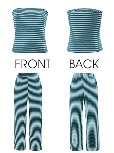 Tankaneo Womens Striped 2 Piece Sets Summer Strapless Crop Tube Tops Wide Leg Pants Matching Lounge Set Vacation Outfits