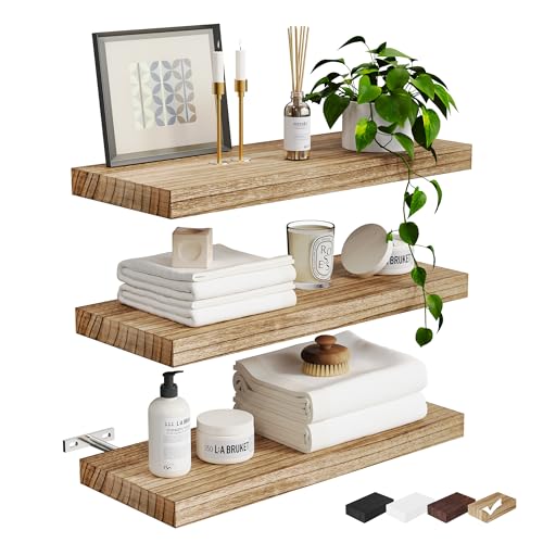 Greenual 3 Packs Floating Shelves, Nature Wood Wall Shelf, 16" Mo...