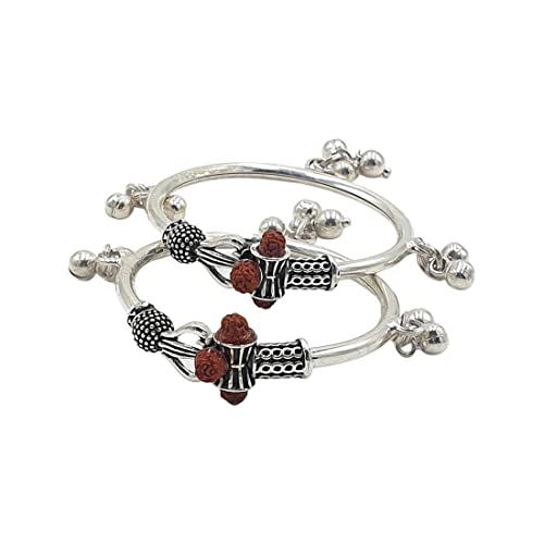 Image of Sahiba Gems Exclusive Silver Baby Kada /Bangle Rudraksh Trishul Design (Chandi Kada) ~ Fit upto 1.50 Years Babies