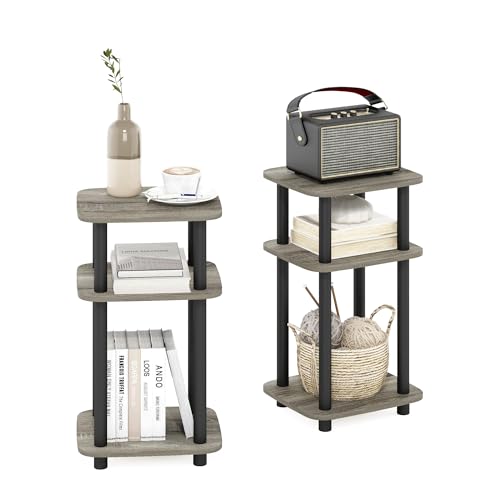 Image of Furinno JUST 3-Tier Telephone Table Set of 2, Turn-N-Tube Toolless Side Table with Open Shelf, Round Curve Corner Night Stand, Bedside Table, for Living Room, Bedroom, French Oak