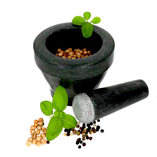 MamboCat Mörser mit Stößel aus Granit I Küchenmörser zum Zerkleinern und Zermahlen für Kräuter Gewürze & Co. I Naturstein Mörser und Pistill I Stein Mörser mit Schlegel Ø 11,8cm schwarz