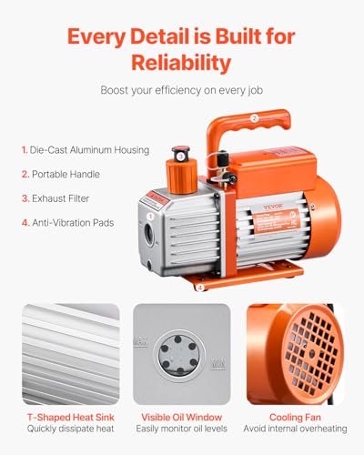 Image of VEVOR Vacuum Pump, 4 CFM, HVAC Single Stage Rotary Vane Vacuum Pump, for R134a R22 R410a Systems, Auto AC Vacuum Pump Kit with Oil Bottle, for Automotive Air Conditioner Maintenance Resin Degassing