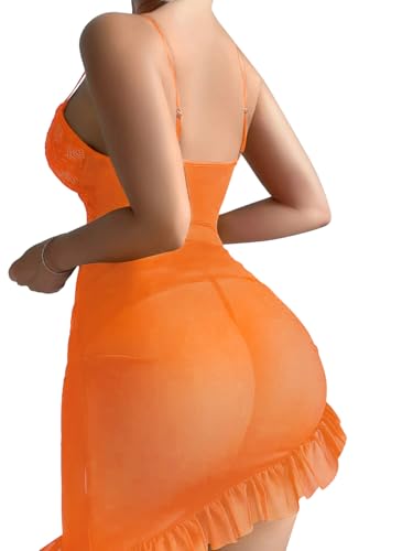 Image of Foxiny Sexy Corset Bodycon Ruffle Sheer Underwire Mesh Lace Floral Outfits Babydoll Lingerie Set Dress with Thong 2 Piece