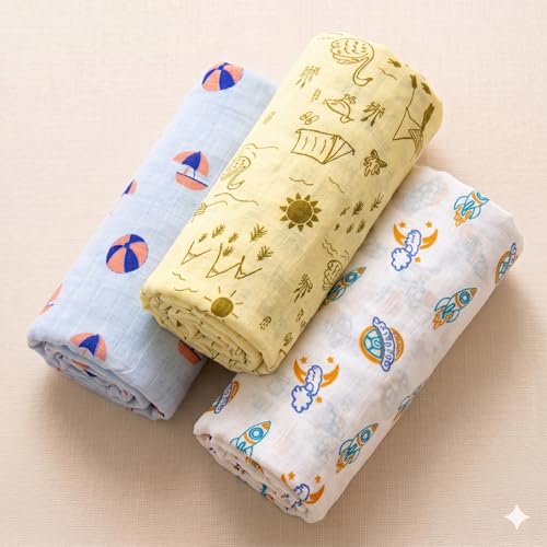 Image of NEW COMERS Cotton Muslin Baby Swaddle Set, Multicolor Printed Muslin Swaddle Wrap for New Born Baby, Soft Pure Cotton Sheet Baby Wrap Set, Baby Product (Swaddle 09)