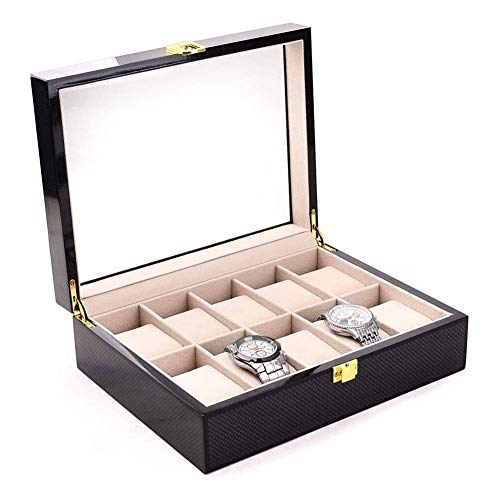 GAOTTINGSD Aufbewahrungsboxen Armbanduhr Gehäuse Glasoberseite und Uhrenbox mit abnehmbaren Lagerkissen Leder Uhrkastenkasten Schmuck-Anzeigen-Speicher (Farbe: Schwarz, Größe: 26.5X20.2X8CM) Cover