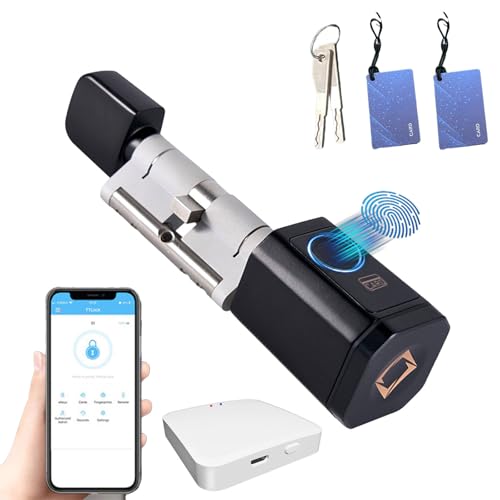 Billg Serrure Connectée, Wi-FI Serrure Biométrique avec Passerelle, Empreinte, App Bluetooth, Carte et Clés, Cylindre Connecté pour Portes de 60-100mm, Serrure Empreinte Digitale Alliage d’Aluminium