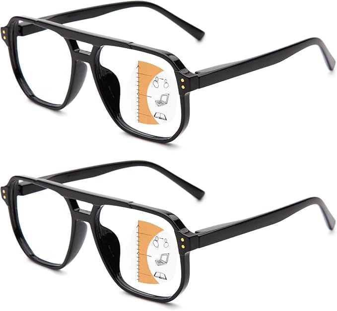 JO Progressive Multifocus Reading Glasses Men Women Oversize XL - No Line Progressive Reader Half-Rim for Mid-Near (Black/Black, 1.25, x)