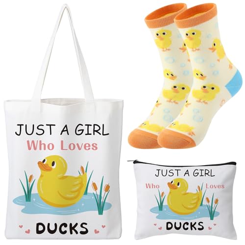 ViEinkaufen Duck Gifts for Girls Women Tote Bag Makeup Bag and Socks