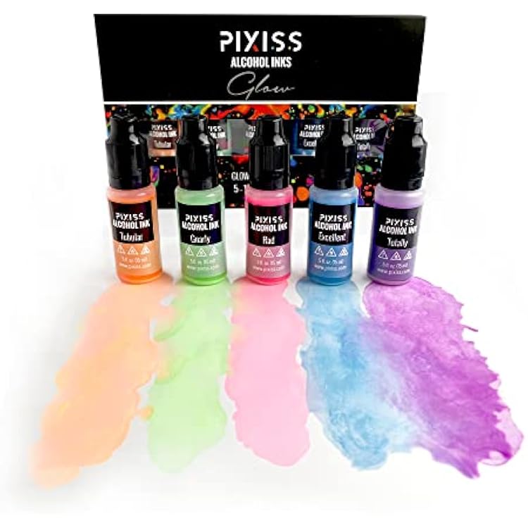 Pixiss Glow in the Dark Alcohol Ink Set - 5 Shades of Brilliantly Glowing Alcohol Ink for Epoxy Resin Supplies, Yupo Paper, Tumblers, Coasters - Resin Colorant for Epoxy Resin and Resin Art Supplies