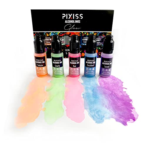 Pixiss Glow in The Dark Alcohol Ink Set - 5 Shades of Brilliantly Glowing Alcohol Ink for Epoxy Resin Supplies, Yupo Paper, Tumblers, Coasters - Resin Colorant for Epoxy Resin and Resin Art Supplies