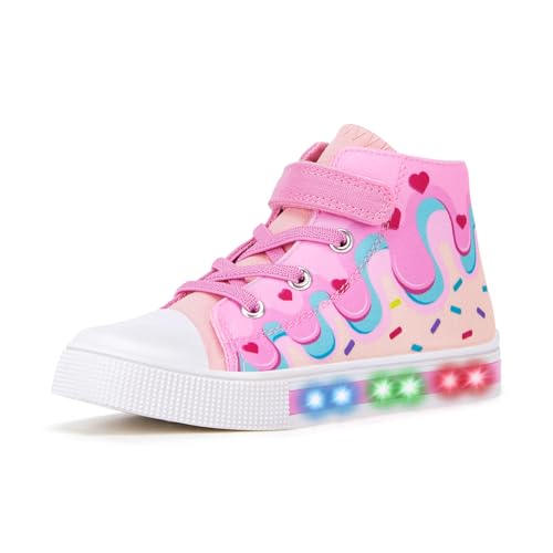 Girls Trainers Kids High-Top Flashing Canvas Shoes Unisex Child Light Up Lightweight Casual Shoes Pink Cake Size 11