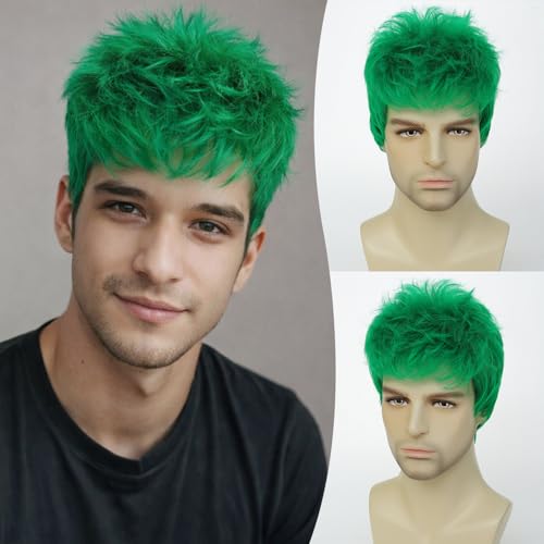 YOUGRACE Short Green Wig for Men Natural Wavy Textured Synthetic Heat Resistant Hair for Mens Cosplay Halloween