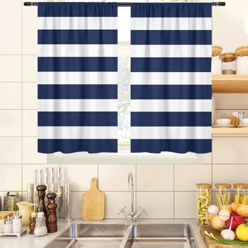 zokyer Blue and White Striped Kitchen Curtains, 2 Panels, 27.5" W x 39" L