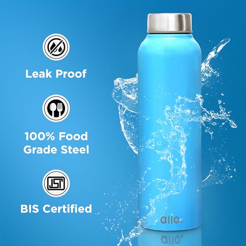 Image of Allo Stainless Steel Water Bottle For Adults, Kids 1 Litre Water Bottles For School, Office, Sports, Gym 1L Water Bottle For Men And Women, Pack Of 2 | Leak Proof & Bpa Free, True Blue Steel Cap