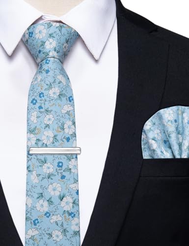 Image of YourTies Cotton Floral Tie for Men 2.5 inch Printed Skinny Necktie Pocket Square Tie Clip Set Flower Wedding Party Groom