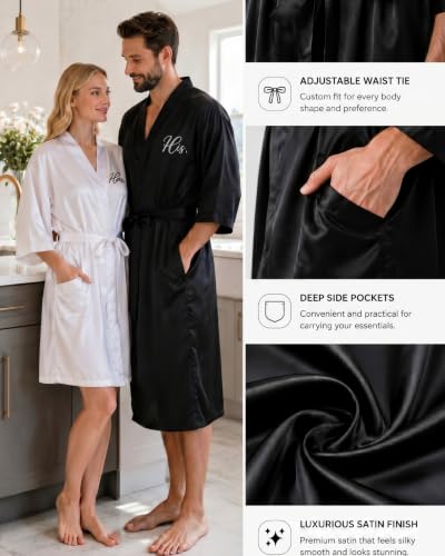 Image of Jecery 2 Pcs Satin His and Hers Robes Set Mr. Mrs. Silk Matching Robe for Couples Women Man Wedding Engagement Bridal Gift