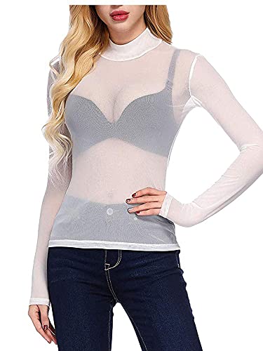 Damen Sexy Mesh Fishnet Top Langarm Rollkragen Shirts Blusen Durchsichtig Tüll Clubwear Cover