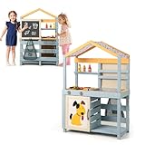 COSTWAY Cocina Juguete de Barro de Madera 2 en 1, Cocinita Infantil Exterior y Tienda de Comestibles con Fregadero Removible, Bolsa de Almacenaje y Cestas, Pizarra, Cocina de Doble Cara para Niños