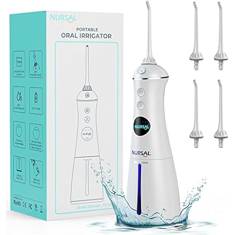 NURSAL Cordless Water Dental Flosser, Portable Dental Oral Irrigator, 300ML Professional Rechargeable Teeth Cleaner with DIY Mode, IPX7 Waterproof, 4 Jet Tips for Braces Home & Travel (White) Cover