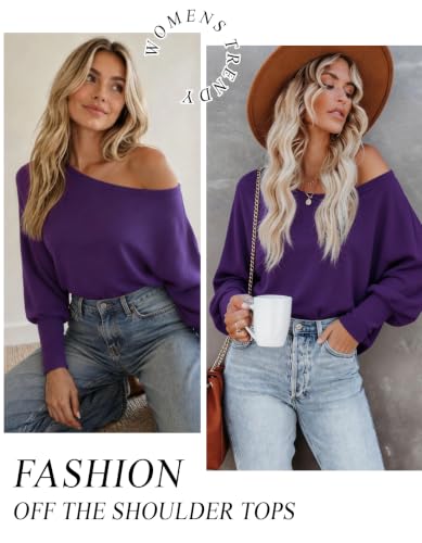 Image of Aifer Women's Off The Shoulder Tops Sexy Long Sleeve Shirts Oversized Fashion Casual Batwing Sweaters Pullover Tunic Tops