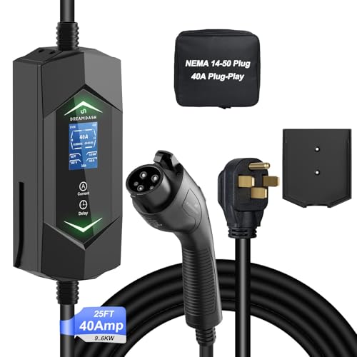 Level 2 Ev Charger for SAE J1772(Plug-Play),40A Fast Charging,220V-240V NEMA 14-50P Plug,25ft Cable ETL Certified,Delay Timer LCD Display,Portable Electric Vehicle Charging Station for Home Level 2