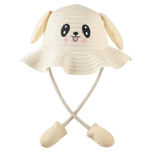 Children Cute Beach Bucket Rabbit Straw Sun Hat with Moving Ear Girl Summer Travelling Park Cowboy Hat Wave Fisherman Bucket - Main Image