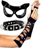 Black Cat Mask Costume Accessories Cat Woman Costume for Women Halloween Masquerade Mask Adult, Funky Lace Gloves & Faux Leather Choker Necklace 3PC