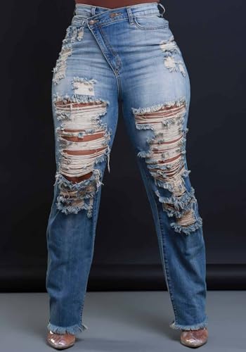 HuiSiFang Women's Ripped Straight Leg High Waisted Y2k Jeans Distressed Stretchy Tassel Jeans Streetwear2
