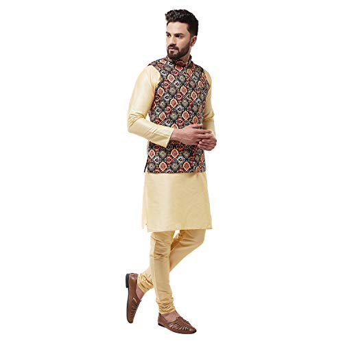 Image of SOJANYA (Since 1958 Men's Silk Blend Gold Kurta Pyjama & Printed Nehrujacket Combo