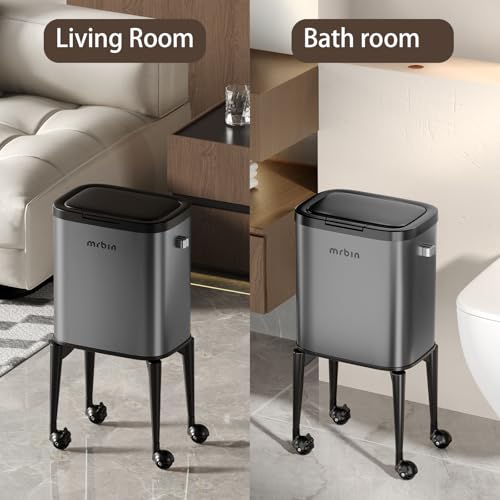 Image of MRBIN Metal Kitchen Trash Can with Wheel Legs, 23L / 6.1gal Medium Press Lid Slim Removable Waste Basket, Pet Proof Tall Narrow Garbage Pail for Vanity, Bedroom, Bathroom, Living Room, Eclipse Grey