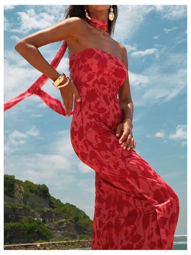 GORGLITTER Women's Floral Mesh Strapless Bodycon Maxi Dresses Halter Backless Wedding Guest Long Tube Dress with Scarf2