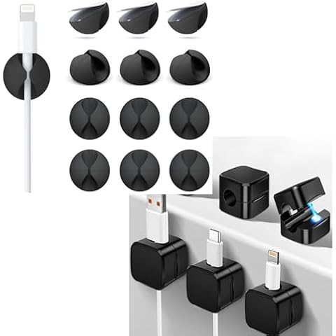 12 Pack Cable Clips 6 Pack Magnetic Cord Organizer Cable Holder for Desk, Car, Office, Home, Cubicle, Nightstand - Black Cover