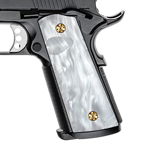 Cool Hand 1911 Magwell Grips, Full Size Government Commander, High Polished Synthetic White Pearl, Gold Screws Included, Ambi Safety Cut