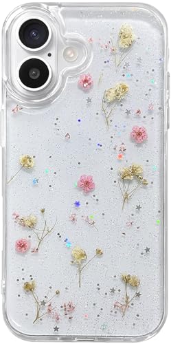 Coque iPhone 16 à véritables fleurs séchées pressées finition paillettes