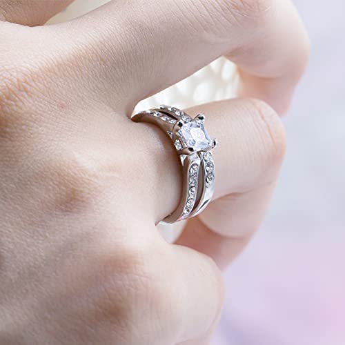 2PCS Flash Diamond Engagement Rings Simulated Sterling Silver Couple Zircon Diamond Rings Set, Wedding Promise Love Relationship Rings Engagement Wedding Band Set Size 73