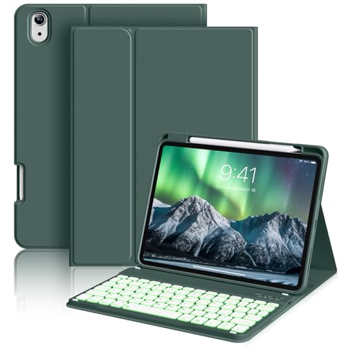 aoub Keyboard Case for iPad 11th (A16) / 10th Generation 11/10.9 Inch 2025/2022 with Pencil Holder - 7 Colors Backlit, Wireless Detachable Folio Keyboard Soft TPU Back Cover - Dark Green