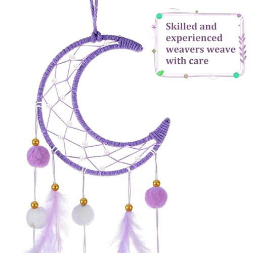Dimeho Moon Dream Catcher Wall Decor, Purple Pompom Feather Dream Catchers Boho Room Decor Handmade Feather Wall Hanging Ornaments Dreamcatcher for Women Mom Birthday Gift Home Decoration, Purple - Image 2