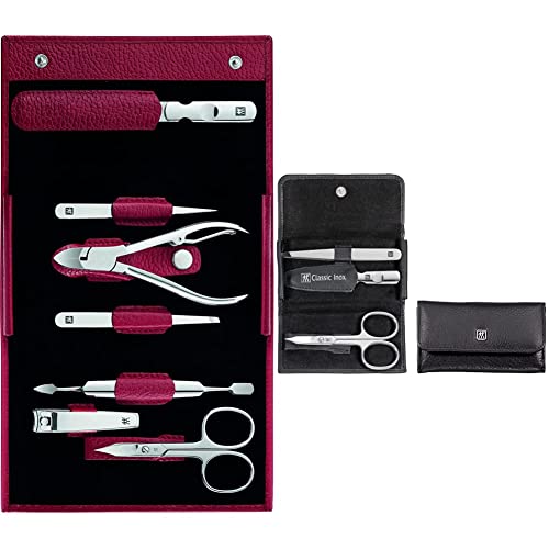 ZWILLING Maniküre und Pediküre Set, Classic INOX, Reise Etui Set, Nagelpflege, Leder, 7-teilig, Rot & Maniküre Set 3-teilig mit Rindleder Etui, Professionelle Pflege für Hände und Füße, Schwarz